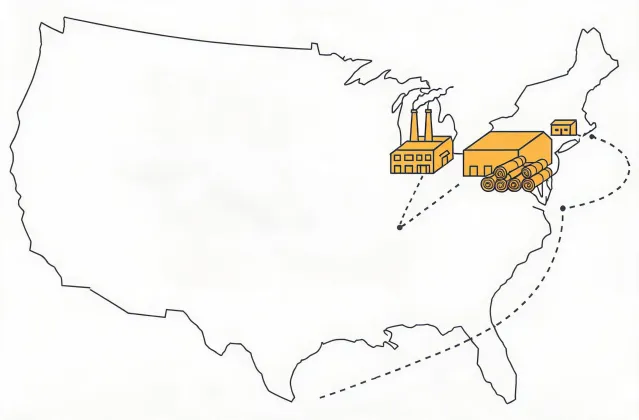 Map illustration locating the Standard Textile textile sourcing desk in the United States
