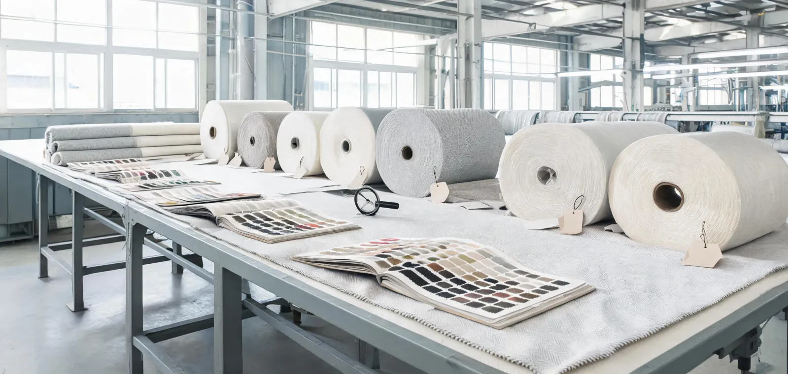 Healthcare and hospitality fabric rolls with approved shade cards on a mill inspection table