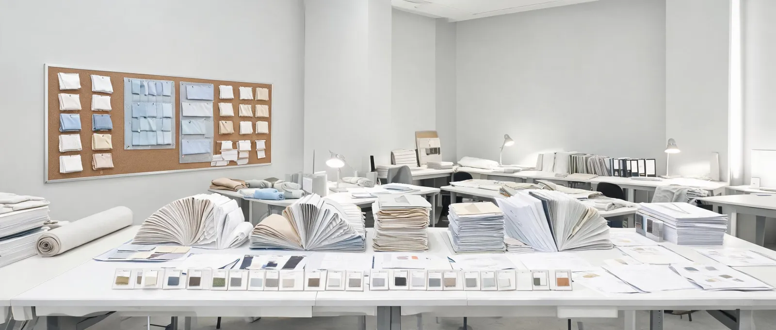 Bed linen and healthcare and hospitality fabric development boards in an interior textile studio
