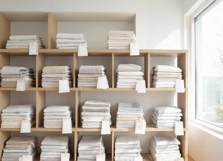 Organized healthcare and hospitality fabric swatches with construction and GSM labels