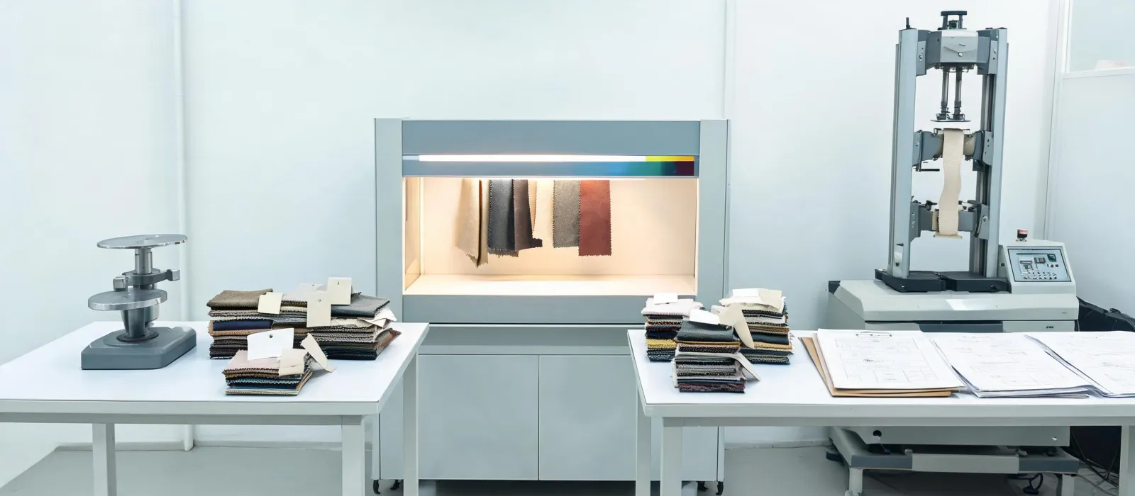 Healthcare and hospitality fabric inspection laboratory with shade cabinet and physical test bench