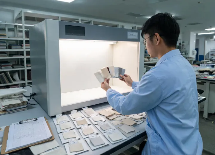 Textile technician comparing lab dips under a controlled light cabinet